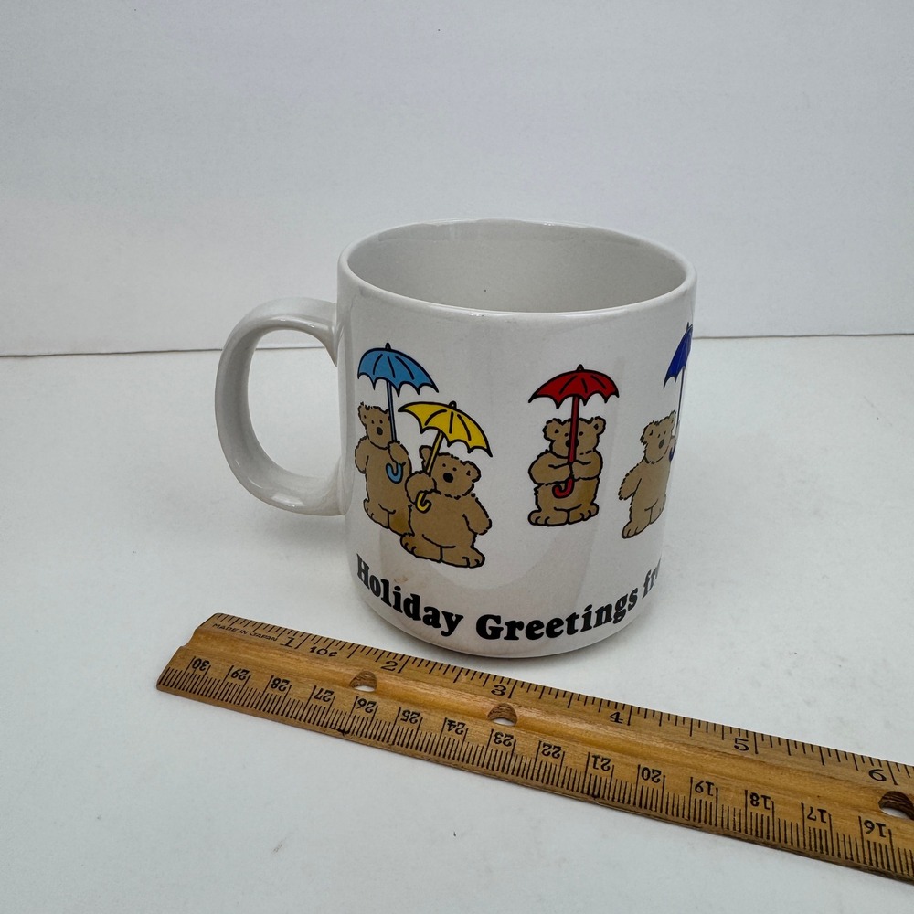 1 Vtg Russ Berrie Co White Ceramic Christmas Holiday Santa Rain Bears Coffee Mug